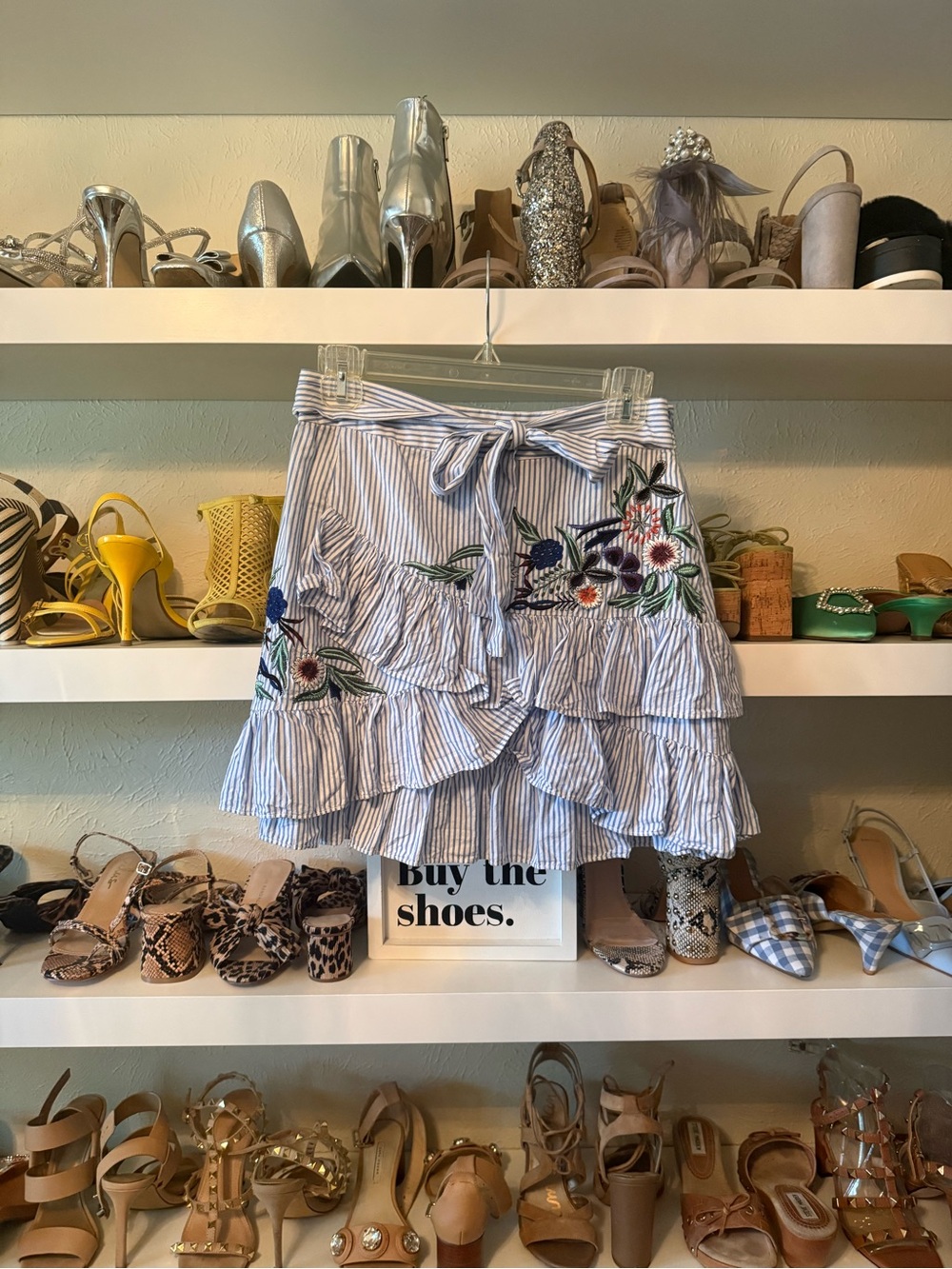 Zara Blue & White Striped Tiered Ruffle Skirt with Floral Embroidery